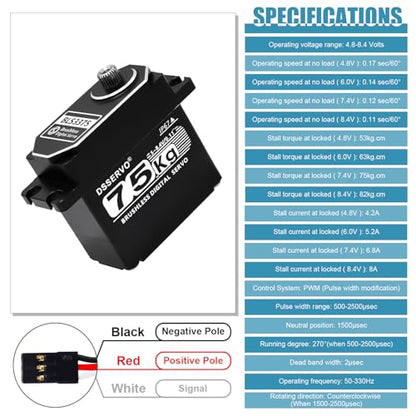 75kg RC Digital Servo with 2PCS 25T Servo Horn Full Aluminum Shell IP67 Waterproof Brushless Servo High Torque Fast Steering Servo for 1/8 1/10 1/12 RC Car, 270° - size: 75kg, 270°