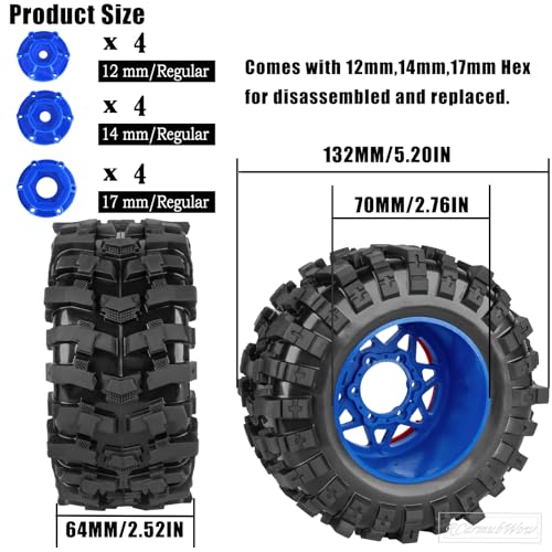 1/10 Scale RC Truck Tires,Wheels and Tires w/12/14/17MM Hex for Rustler Stampede Hoss, Granite Vorteks Big Rock 3S,1/10 Off Road Tires Rubber Truck Tyres w/Foam Insert,Navy Blue w/Red - color: Navy Blue W/Red(4pcs)