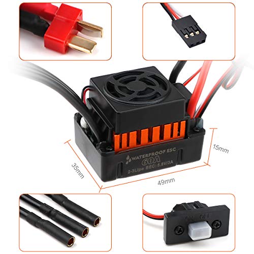 F540 4370KV Brushless Motor 4 Pole 9T 3.175mm Shaft with 60A ESC Electric Speed Controller and Programming Card Motor ESC Combo Set for 1/10 RC Car Flat Drifting Car 2S Lipo Battery