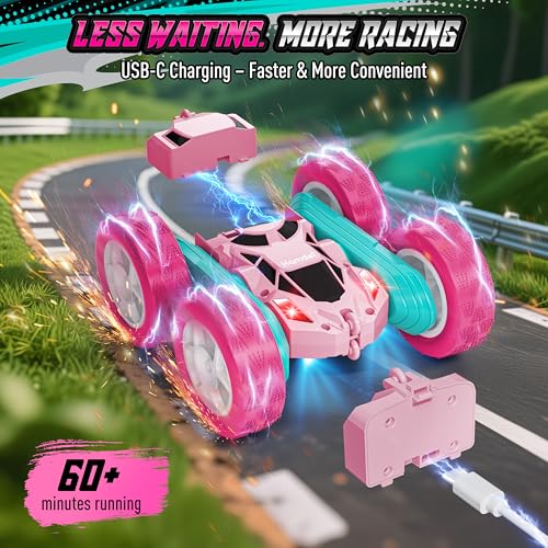 Hamdol Pink RC Car for Girls Age 6+, 360° Rotating Stunt Remote Control Vehicle with LED Lights, Upgraded 4WD USB-C Rechargeable Electric Toy, Perfect Birthday, Holiday - color: Pink, size: Pro (USB-C & Modular Battery)