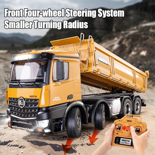 RC Dump Truck, 1:14 Scale 12 Channels Heavy RC Dump Truck | 4WD RC Construction Vehicles with 6KG+ Load, Full Suspension, Lights/Sounds for Adults, Hobbyists - size: 2 Battery