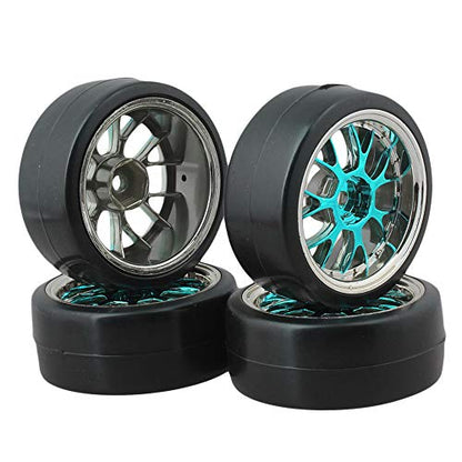 Blue Plastic Y Shape Hub Wheel Rim with Smooth Tires for RC 1:10 On-Road Racing Car & Drift Car Pack of 4