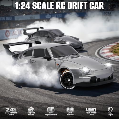 RC Drift Car,1:24 Scale Remote Control Car, 2.4GHz 20KM/H 4WD High Speed RC Cars for Kids with LED Light, Two Batteries,Drifting Tires,Racing Vehicle Toy for Adults Boys Girls Silver - color: Silver