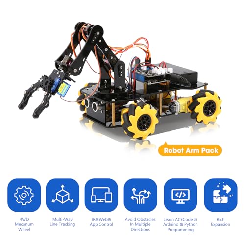 ACEBOTT 5DOF Smart Robot Arm Car Kit, 4WD Remote Control Car Compatible with Arduino/Python/Blockly Programming Project/STEM Education/Science Coding Kit for 12+ Teens and Adults Unique Gifts - color: Yellow