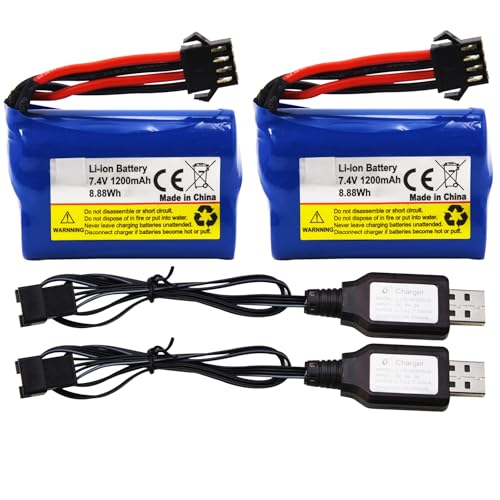 Blomiky 2 Pack 7.4V 1200mAh Li-ion Rechargeable Battery with SM-4P Connector Plug and USB Cable Replacement fit for HONGXUNJIE HJ808 HJ823 2.4GHz RC Boat / HJ808