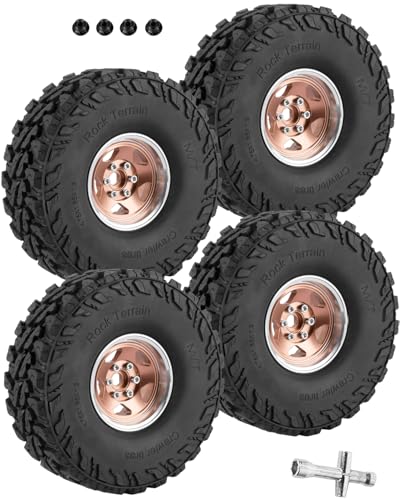 RC Alloy 1.9" Beadlock Wheels and Tires for 1/10 RC Crawler TRX4 SCX10 SCX10 III 90046 D90,1.9 RC Wheels and Tires 1.9 Beadlock Tires RC Rims,4 Packs,Brown - color: Brown(4pcs)