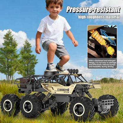 Remote Control Monster Truck, RC Cars Rock Crawler RC Truck with 2 Rechargeable Batteries, Metal Exterior & LED Lights, Large Boy Toys for Ages 4-7, 8-12 & Adults Great Gift - color: 6 Wheels Gold