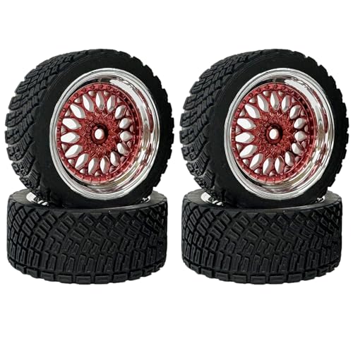4PCS 65mm RC Rally Car Rubber Tires and Plastic Plating Wheel Rims Set 12mm Hex for 1/10 RC On-Road Rally Drift Racing Car for Tamiya HPI WR8 HSP TT02 WLtoys(Red Silver) - color: Red Silver