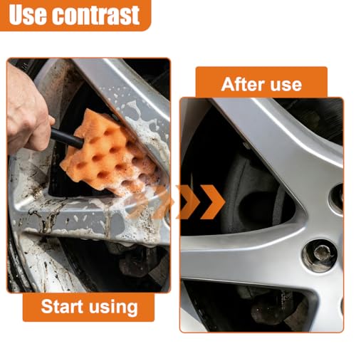 Craedli Soft Foam Wheel Brush, Car Detailing Rim Cleaner Tool (Orange) | Non-Scratch Wavy Sponge Head, Long-Reach Wheel Scrubber Brush, Ergonomic Grip Handle, Versatile Deep Cleaning Application - color: Orange