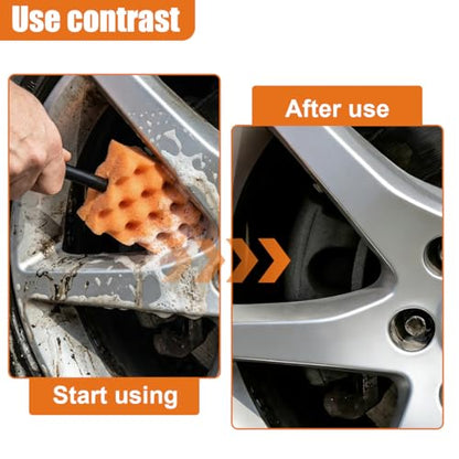 Craedli Soft Foam Wheel Brush, Car Detailing Rim Cleaner Tool (Orange) | Non-Scratch Wavy Sponge Head, Long-Reach Wheel Scrubber Brush, Ergonomic Grip Handle, Versatile Deep Cleaning Application - color: Orange