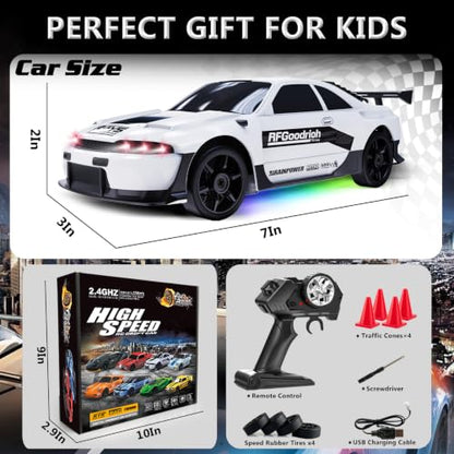RC Drift Car 1:24 Remote Control Car 4WD 15KM/H High Speed Racing Sport Car with LED Lights RC Cars Toy for Kids Boys Girls Adults Gifts Birthday Christmas - color: White