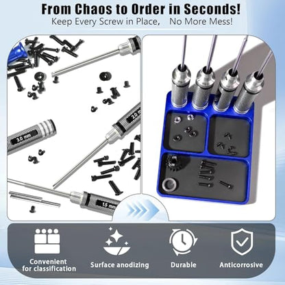 Magnet Tool Tray Aluminum Alloy Screw Tray with Tool Holder RC Parts Fixing for 1/10 RC Cars, Drones, Phone, Computer, Eyeglass, Electronic Multi-Compartment Anti-Loss Organizer Storage Box(Blue) - color: Blue