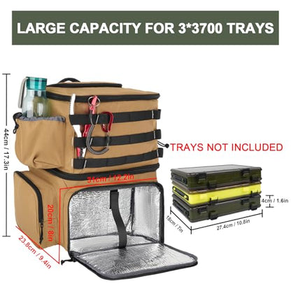 MATEIN Fishing Backpack, Tackle Storage Bag with Rod Holders & Cooler | Water Resistant Fishing Bag Fits 4 3600 Trays, Large Wide Open Tackle Box Backpack, Gifts for Fishermen - color: Khaki - Large