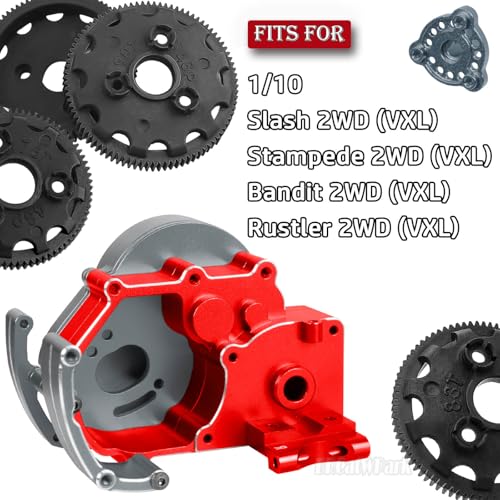 Transmission Case Gearbox w/Spur Gear Upgrades Part for 1/10 Slash/Stampede/Bandit/Rustler 2WD (VXL),RC Aluminum Transmission Gearbox Hops Up,Titanium & Red - color: Titanium - (Gear Gearbox)