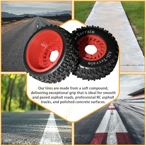 1/10 RC Short Course Truck Wheel Tires Set- 12mm/17mm Hex, Red | All-Terrain Tires and Nylon Wheels Compatible with 1/10 Traxxas Slash 4WD 2WD Arrma Senton Axial Losi Redcat RC Buggy, 4-Pack - color: Red
