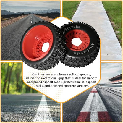 1/10 RC Short Course Truck Wheel Tires Set- 12mm/17mm Hex, Red | All-Terrain Tires and Nylon Wheels Compatible with 1/10 Traxxas Slash 4WD 2WD Arrma Senton Axial Losi Redcat RC Buggy, 4-Pack - color: Red
