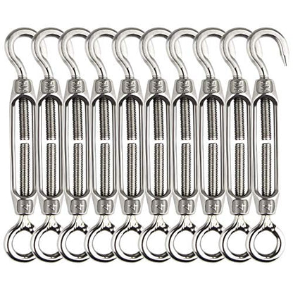 Turnbuckle Lsqurel 10PCS 304 Stainless Steel Turnbuckle Hook and Eye Heavy Duty M4 M6 M8 M10 Tensioner Adjustable Shade Sail Hardware for Tightening up Metal Cable Wire 5/32 1/4 5/16 3/8 - style: M4 - 10pcs