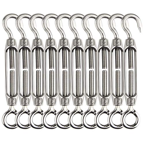 Turnbuckle Lsqurel 10PCS 304 Stainless Steel Turnbuckle Hook and Eye Heavy Duty M4 M6 M8 M10 Tensioner Adjustable Shade Sail Hardware for Tightening up Metal Cable Wire 5/32 1/4 5/16 3/8 - style: M4 - 10pcs