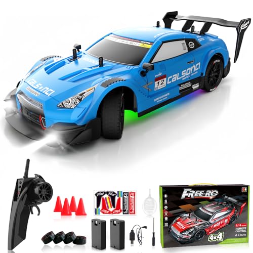 Remote Control Car RC Drift Car 1:16 Scale 4WD RC Vehicle with LED Lights 2.4GHz 30km/h RTR High Speed Racing Sport Toy for Adults Boys Girls Kids Gift 2Pcs Rechargeable Battery - color: Blue