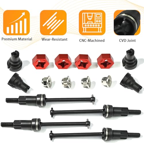 Hardened Steel CVD Drive Shafts Set with Adapters, Nuts, Center Drive Cups, Front Rear Dogbone Driveshaft Axles Upgrades Part for 1/16 Mojave Grom ARA2304, ARA2304S, ARA2104 (Black,Red) - color: Black-red