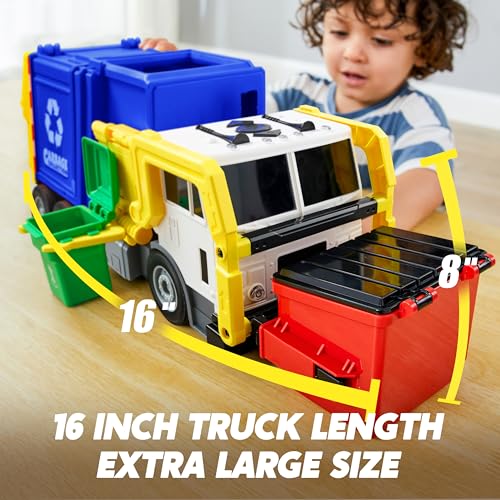 JOYIN Large Friction Powered Garbage Truck Toy Set, Includes 1 Dumpster, 3 Trash Bins, and 30 Learning Cards for Kids, Blue - color: Blue
