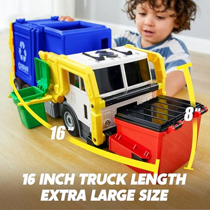 JOYIN Large Friction Powered Garbage Truck Toy Set, Includes 1 Dumpster, 3 Trash Bins, and 30 Learning Cards for Kids, Blue - color: Blue