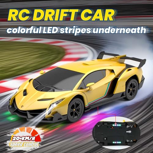 Remote Control Car 1:24 Licensed Lamborghini 2.4G RC Drift Car,yellow | rc car with LED Lights 2.4GHz 4WD 15KM/H Fast Speed Control Rechargeable Battery 800mah Birthday for Kids Boys 8-12 - color: Yellow