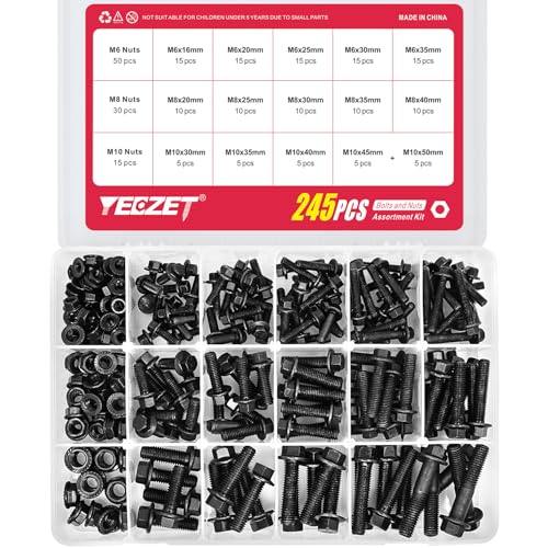 Flanged Bolts and Nuts Kit, Black Alloy Steel Grade 10.9, 245 Pieces, M6 M8 M10, Hex Flange Head, Black Oxide Finish - color: 245PCS M6 M8 M10 Bolts and Nuts Kit