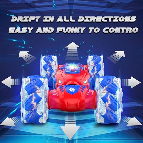 Gesture Sensing RC Stunt Car, Hand Controlled Remote Control Twist Cars | 4WD Remote Control Car with Lights, Music & Spinning Stunt, Birthday Toy Gift for Kids Boys Girls Age 6 7 8 9 10 11 12 - color: Red Blue