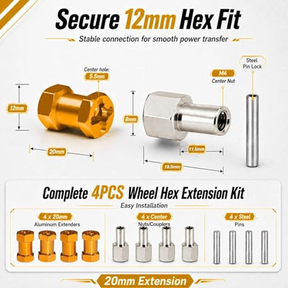4PCS 12mm Hex Hub 20mm Aluminum Extension Hex for Axial SCX10 D90 90046 | 20mm CNC Wheel Hex Extenders for 1/10 RC Crawlers Redcat Gen7/Gen8 CC01 RC4WD Wider Stance & Tire Clearance with M4 Nuts Pins - color: Gold