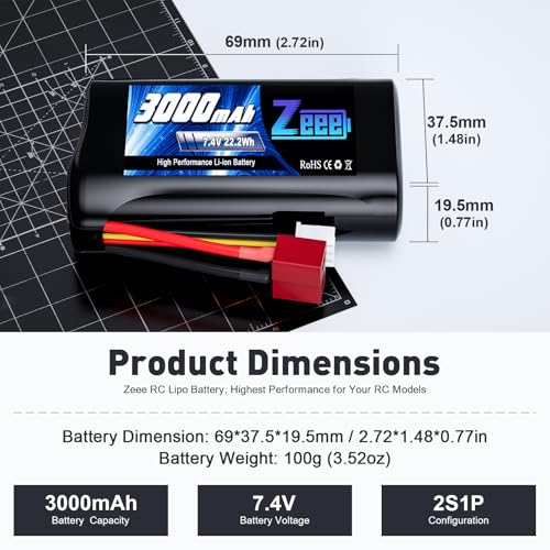 Zeee 2S Li-ion Battery 3000mAh 7.4V T Connector with 7.4V Battery Charger | 2S Rechargeable Battery Compatible with 4WD High Speed RC Car 1/16 Scale RC Car Boat Trucks (2 Pack)