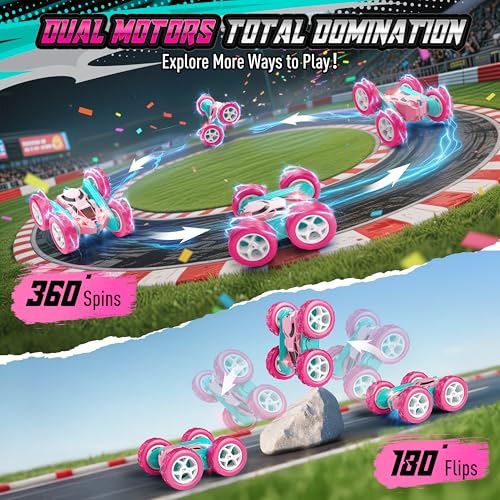 Hamdol Pink RC Car for Girls Age 6+, 360° Rotating Stunt Remote Control Vehicle with LED Lights, Upgraded 4WD USB-C Rechargeable Electric Toy, Perfect Birthday, Holiday - color: Pink, size: Pro (USB-C & Modular Battery)