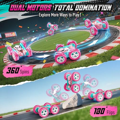 Hamdol Pink RC Car for Girls Age 6+, 360° Rotating Stunt Remote Control Vehicle with LED Lights, Upgraded 4WD USB-C Rechargeable Electric Toy, Perfect Birthday, Holiday - color: Pink, size: Pro (USB-C & Modular Battery)