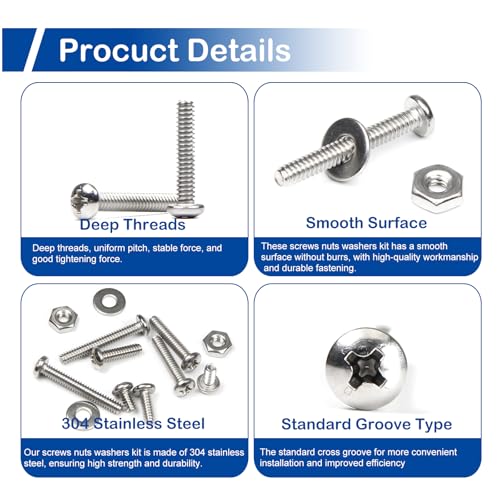#6-32 x 3/16" to 1" Phillips Pan Head Machine Screws Kit with Nuts Washers | 370Pcs, 304 Stainless Steel 18-8, UNC Fully Threaded, 8 Lengths for Electronics & Appliance Repair, Furniture, DIY Projects - size: #6-32