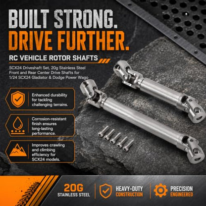 SCX24 Driveshaft Set, 20g Stainless Steel, 2-Pack | Front and rear center drive shafts, compatible with SCX24 Gladiator and Dodge Power Wagon RC crawler