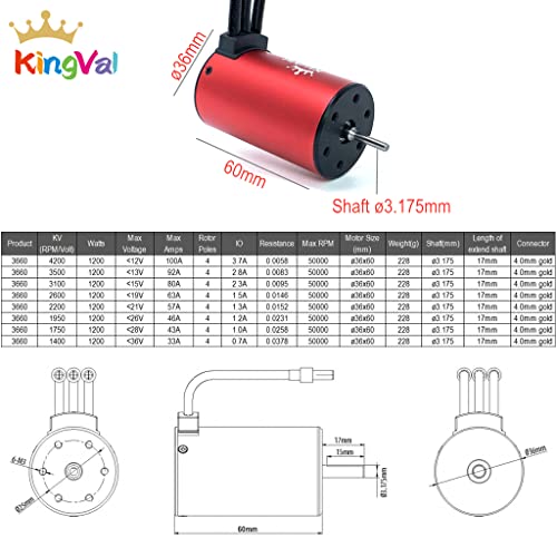 KingVal Replacement 3660 3500KV Waterproof Brushless Motor Shaft 3.175mm Compatible with 1/10 RC Car - size: 3500KV(ø3.175mm Shaft), style: 3660