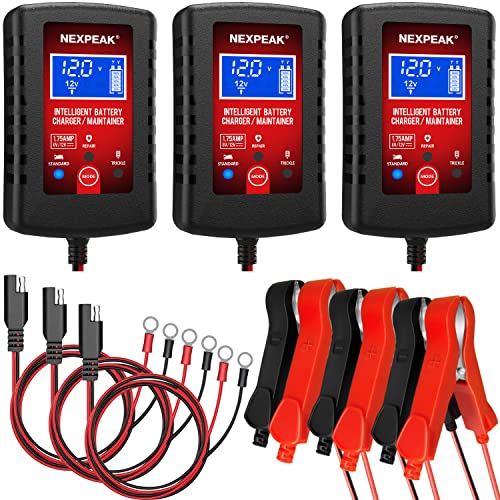 3-Pack 1.75A Car Battery Charger, 6V &12V Smart Battery Trickle Charger | Fully automatic 6V/12V Battery Charger, LCD screen monitors real-time status, Multi-protection for cars, boats, motorcycles