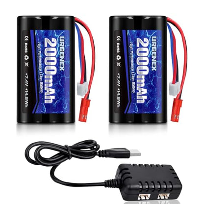 2000mAh 7.4 V Li-ion Battery with JST Plug 2S Rechargeable RC Battery with 1 to 2 USB Charger Fit for RC Helicopter Car Truck and RC Boats