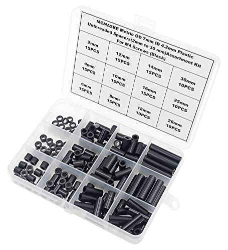 Metric OD 7mm ID 4.2mm Plastic Unthreaded Spacers(2mm to 30 mm) Assortment Kit for M4 Screws;Clearance Spacers;Round Spacers(Black) - size: OD 7mm ID 4.2mm