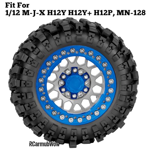 1.9 Beadlock Wheel & Tire Set, 88x36mm Rubber Crawler Tires Aluminum Alloy 1.9 Inch Beadlock Rims Compatible with 1/12 M-J-X H12Y H12Y+ H12P, MN-128 RC Climbing Car,Silver w/Navy Blue - color: Silver W/Navy Blue