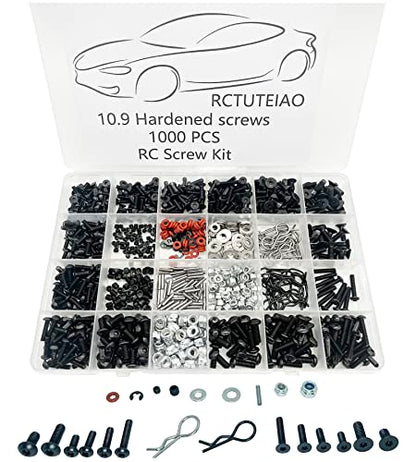 1000pcs Universal RC Screw Kit Screws Assortment Set, Hardware Fasteners for Traxxas Axial Redcat HPI Arrma SCX10 Losi 1/8 1/10 1/12 1/16 Scale RC Cars Trucks Crawler, RC Screw Kit, Body Clips Pins