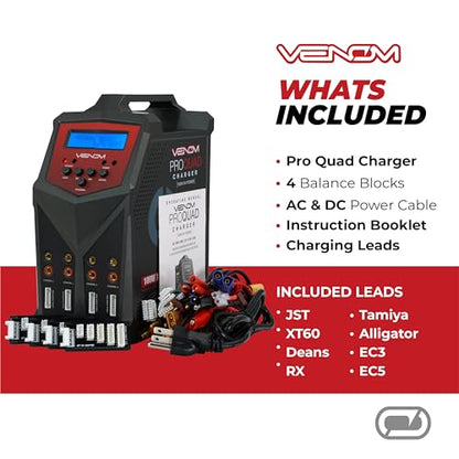 Venom Power - Pro Quad LiPo Battery Fast Charger with LCD Screen - 4 Ports at 100W Each - AC DC 7A Fast NiMH LiHV LiPo Balance Charger Discharger 1S to 6S, Drone, RC Car Battery Charger