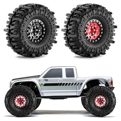 1.9" Beadlock Wheels and Tires for Axial SCX10, Traxxas TRX4, 1/10 Scale RC Crawlers (Red + N19 Tires) - color: Red + N19 Tires