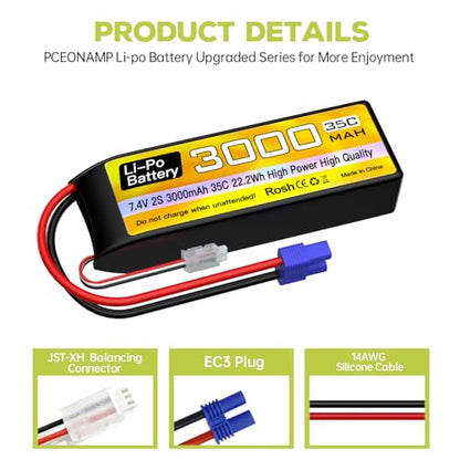 sea jump 2S Lipo Battery 7.4V 3000mAh 35C with EC3 Plug and USB Charging Cable Suitable for RC Car Truck Boat, RC Quadcopter Aircraft, FPV Drone Battery