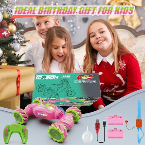 Nicella Remote Control Car, Pink RC Cars for Girls, Gesture Stunt with Light & Music, 4WD, 360° Rotating, 2.4Ghz Remote Control Car Toys, Birthday Gift for Kids Age 6+ (Grey) (Pink) - color: Pink