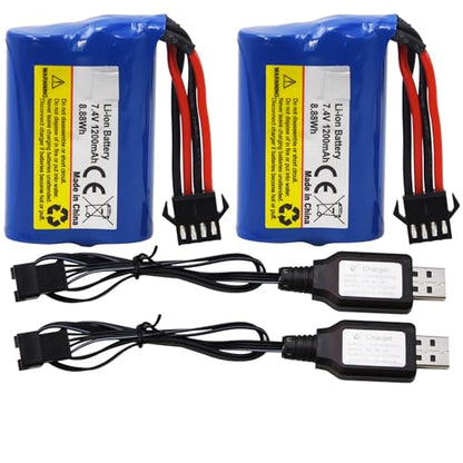 Blomiky 2 Pack 7.4V 1200mAh Li-ion Rechargeable Battery with SM-4P Connector Plug and USB Cable Replacement fit for HONGXUNJIE HJ808 HJ823 2.4GHz RC Boat / HJ808
