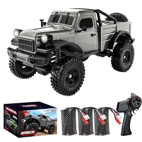 1:18 Scale All Terrain Remote Control Car, 2.4 GHz 4WD RC Rock Crawler with LED Lights, 12KPH Off-Road Pickup Truck Vehicle Toys RTR Gift for Adults - color: Gray, size: 3 Battery