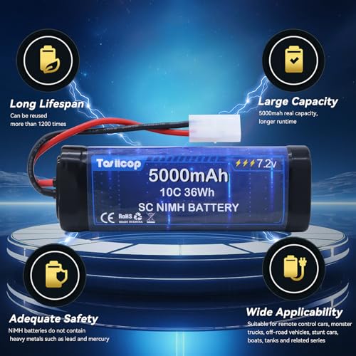 7.2V 5000mAh NIMH Battery 2 Packs - 7.2 Volt RC Rechargeable Batteries with Tamiya Plug Connector for Remote Control Car Monster Trucks Buggy Truggy Boat Tank and Related Series