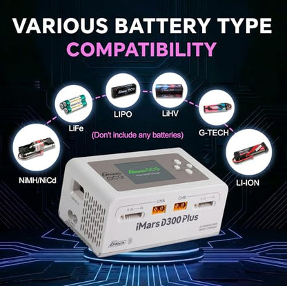 IMARS D300 Plus Gens Ace Dual Lipo Charger G-Tech AC 300W DC 700W 16A Lipo Balance Charger for 1s~6s Lipo Batteries,Life/NiCd/MH/LiHV,Plug&Play
