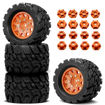 OGRC Wheels and Tires 12mm/14mm Hex RC Truck Tires with Foam Inserts for 1/10 Scale Arrma Granite Axial Losi Redcat Rc4wd RC Monster Truck Buggy (Orange)